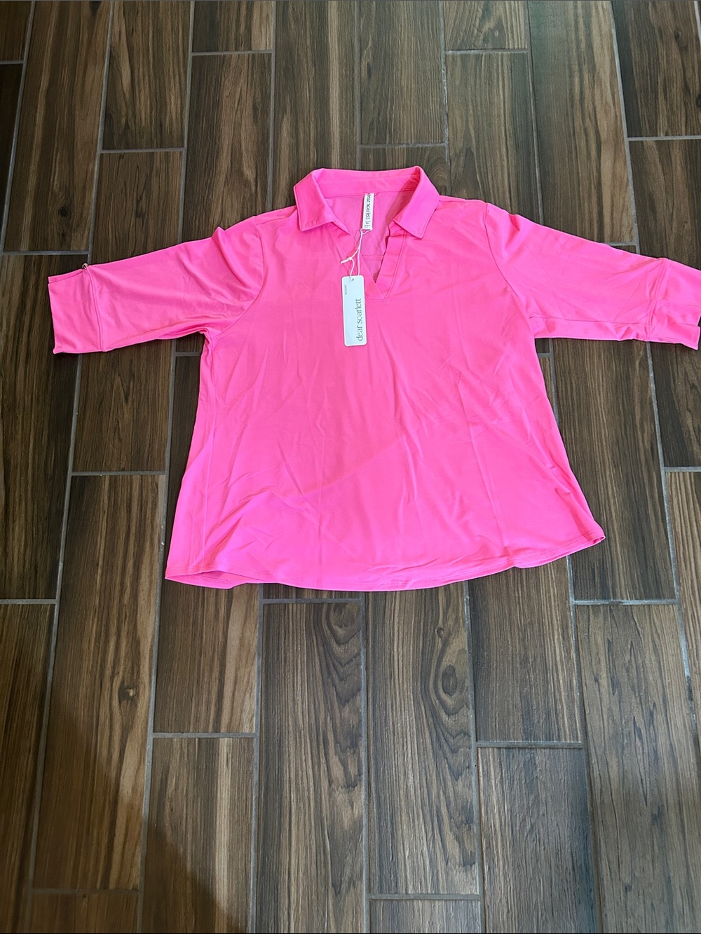 Dear Scarlett Women's Hot Pink Polo V-Neck Blouse - Picture 2 of 4